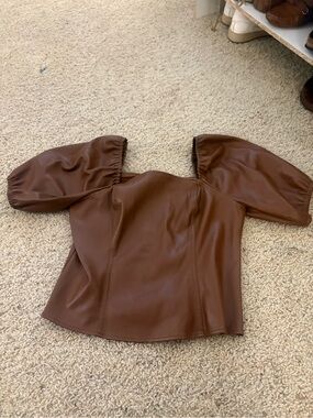 Brown Faux-Leather Puff-Sleeve Women's Top